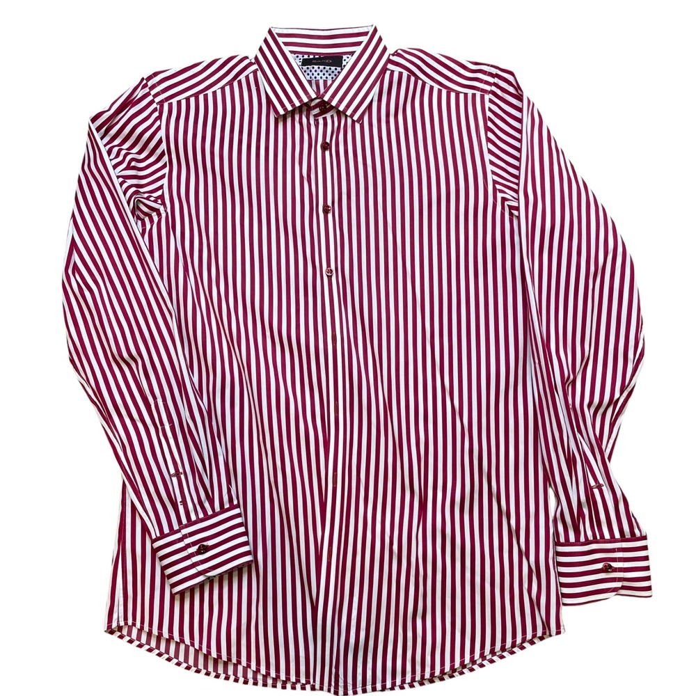 SAND Mens Dress Shirt Striped Long Sleeve Button Up Maroon Cotton Size 41‎